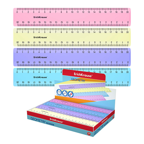 Линейка 20 см ErichKrause® Pastel ассорти из 4 цветов, в коробке-дисплее