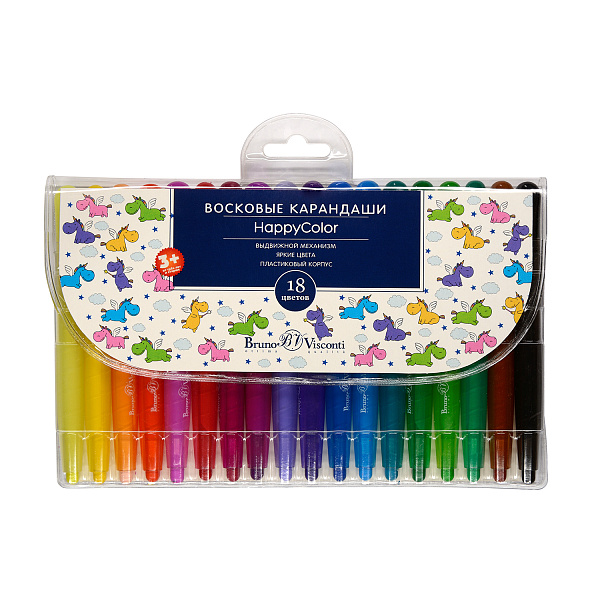 Мелки восковые 18 цв. "HAPPYCOLOR", В ПЛАСТИКОВОМ КОРПУСЕ ВЫКРУЧИВАЮЩИЕСЯ 4 ВИДА 