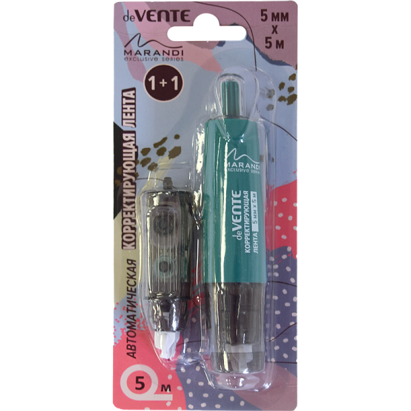 Корректирующая лента автоматическая "deVENTE. Marandi" 5 ммx5 м, полупрозрачный с бирюзовым корпус, фронтальный аппликатор, в комптекте с сменным картриджем 5 ммx5 м, в картонном блистере
