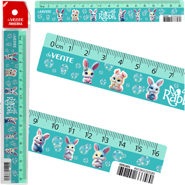 Линейка 16 см "deVENTE. Little Rabbit" пластиковая, с дизайном, с индивидуальной маркировкой, с цветным стикером