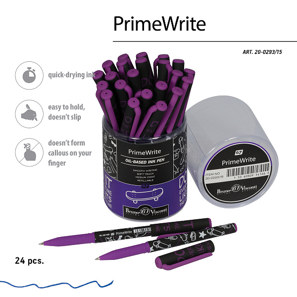 РУЧКА "PrimeWrite. Скейтборд. Паттерн" С ЧЕРНИЛАМИ НА МАСЛЯНОЙ ОСНОВЕ, 0.7 ММ, СИНЯЯ (10131010/010421/0203445,КИТАЙ)