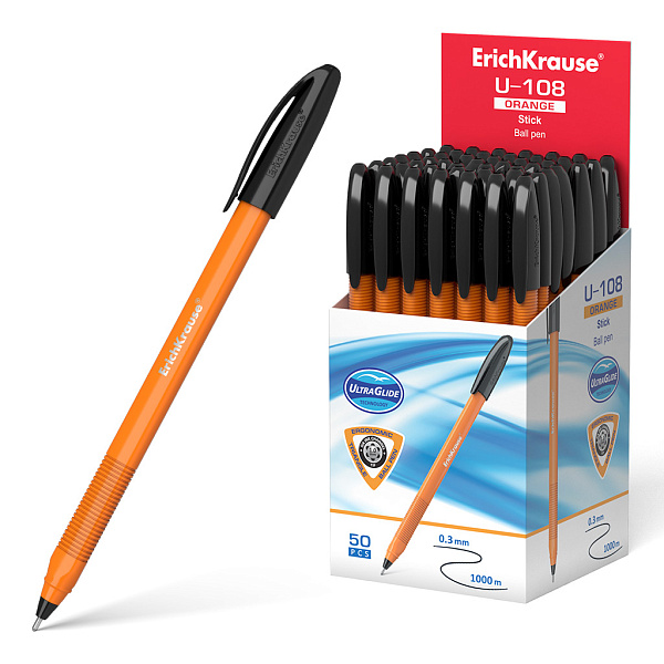 Ручка шариковая ErichKrause® U-108 Orange Stick 1.0, Ultra Glide Technology, цвет чернил черный (в коробке по 50 шт.)
