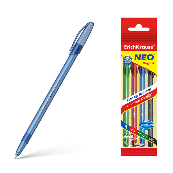 Набор из 4 ручек шариковых ErichKrause Neo® Stick Original 0.7, Super Glide Technology, с, ч, к, з