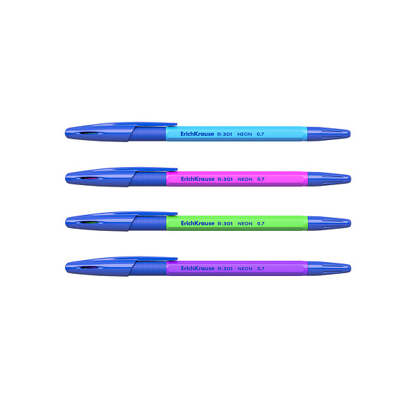 Набор из 4 ручек шариковых ErichKrause R-301 Stick&Grip Neon 1.0, цвет чернил синий (в пакете)