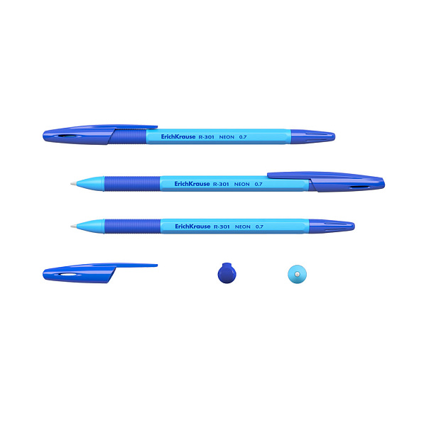 Набор из 4 ручек шариковых ErichKrause R-301 Stick&Grip Neon 1.0, цвет чернил синий (в пакете)
