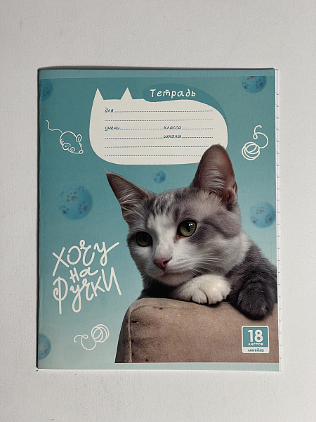 Тетрадь 18 листов в линию "Котики" обложка из мелованного картона(200 г/м²) блок офсет 60 г/м², 92%, микс 5 вид