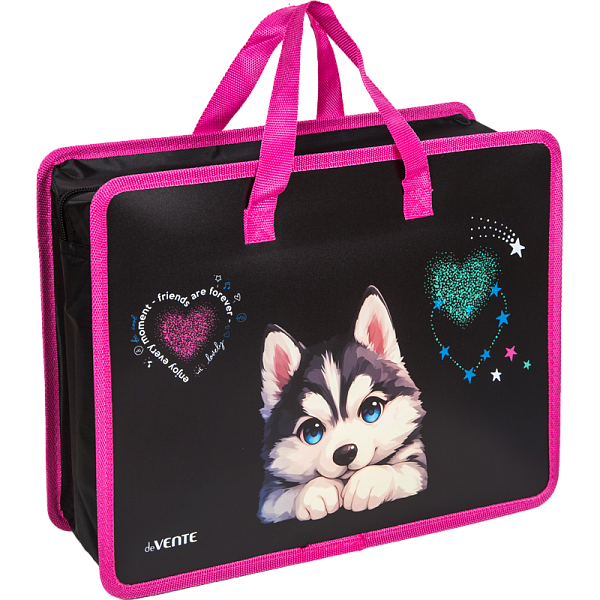 Папка для тетрадей, ИЗО и технологии "deVENTE. Cute Husky" A4 (33,5x26x10 см) с расширением 10 см, с ручками, на молнии сверху, пластик 400 мкм, в пластиковом пакете