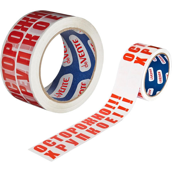 Клейкая лента упаковочная 48 мм * 66 м  53 мкм "deVENTE. ОСТОРОЖНО ХРУПКОЕ" красная надпись на белом фоне, реальная намотка, картонная втулка