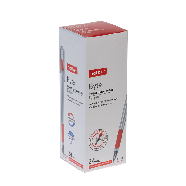 Ручка шариковая 0,7 мм Hatber Byte Красная чернила на масл.основе с резиновым грипом 24 шт в карт. Мини-Дисплее