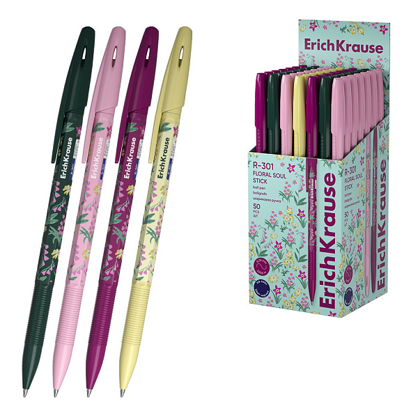 Ручка шариковая ErichKrause R-301 Stick Floral Soul 0.7, СИНЯЯ