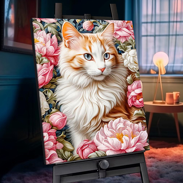 Картина по номерам 40*50 с кристаллами из хрусталя "КОШКА В ПИОНАХ" (28 цветов)