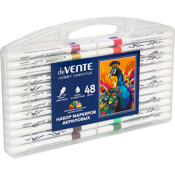 Набор маркеров акриловых "deVENTE. HOBBY CREATIVE. Classic&Pastel" 48 цв. круглый корпус, пулевидный наконечник, ширина линии 2 мм, в пластиковой коробке