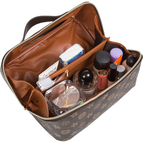 Пенал-косметичка "deVENTE. Monogram" 24x12x12 см, прямоугольный для 150 пр. на молнии, коричневый, внутренние карманы и отделения, со складной ручкой для переноски, искусственная кожа до -40C с антивандальной фактурой, с подкладом из эко кожи, 