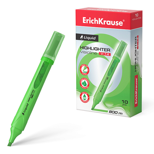 Текстмаркер с жидкими чернилами  ErichKrause® Liquid Visioline V-14 Neon, цвет чернил зеленый (в коробке по 10 шт.)