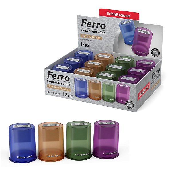 Точилка 2 отв. металлическая ErichKrause® Ferro Container Plus, с контейнером, цвет корпуса ассорти (в коробке 12 шт.)