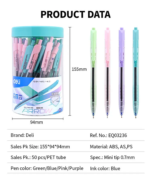 Ручка шариковая автомат. 0,7 мм Deli Arrow, СИНЯЯ,прозрачный/ассорти