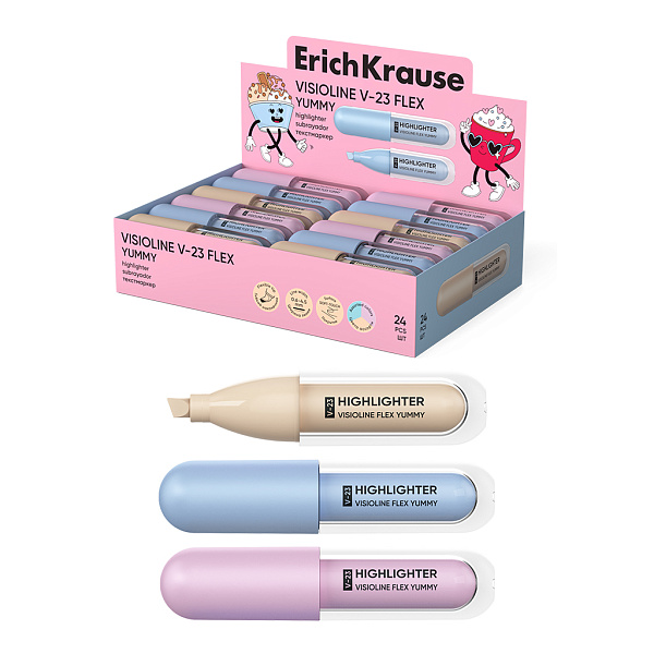 Маркер-текстовыделитель ErichKrause Visioline V-23 Flex Yummy, с гибким наконечником, цвет чернил ассорти (в коробке-дисплее по 24 шт.)