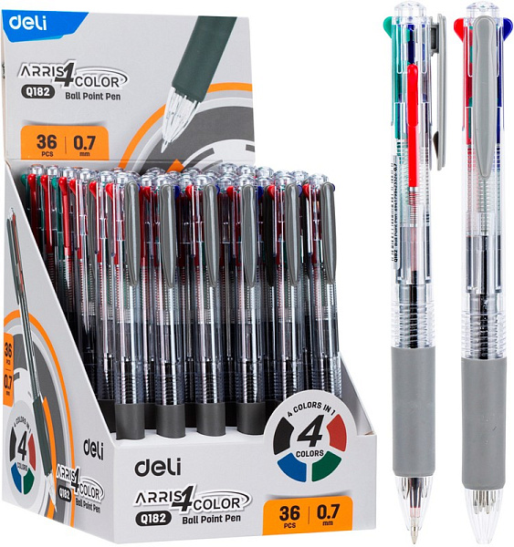 Ручка 4 цв. шариковая автомат. 0,7 мм Deli Arris чернила ассорти корп.прозрачный/серый 