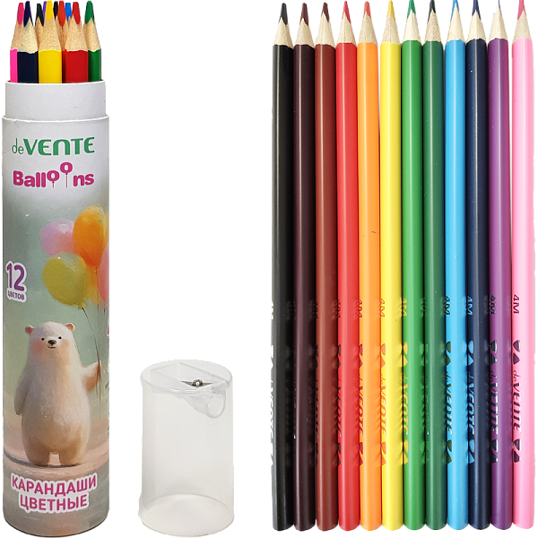 Карандаши 12 цв. "deVENTE. Triolino Ultra 4М. Balloons" 4М, диаметр грифеля 3 мм, трёхгранные, в картонном тубусе с точилкой