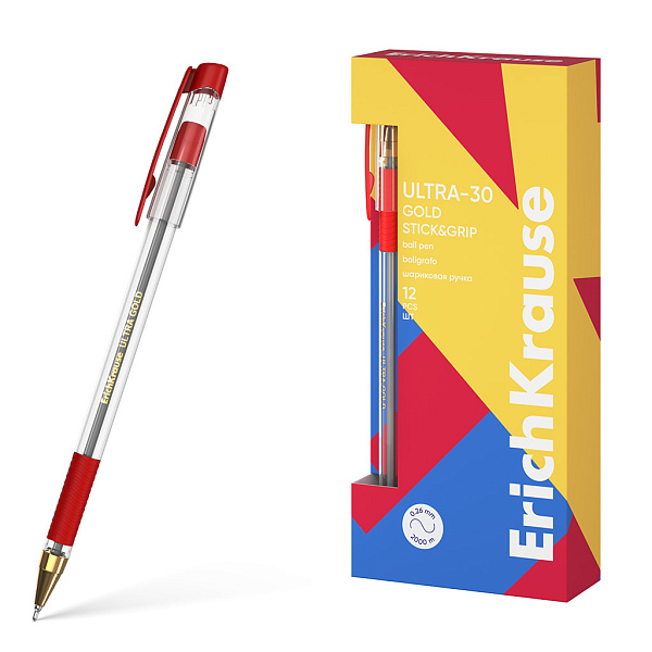 Ручка шариковая ErichKrause ULTRA-30 Gold Stick&Grip Super Glide Technology, КРАСНАЯ 0,7 мм 