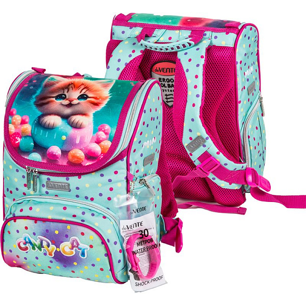 Ранец "deVENTE. Mini. Candy Cat" школьный жесткий 35x26x20 см (14 л) вес 800 г, 1 отделение на замке с карманом для учебников, 1 передний карман на молнии, 2 боковых кармана на молнии с расширением, эргономичная формоустойчивая вентилируемая спинка и