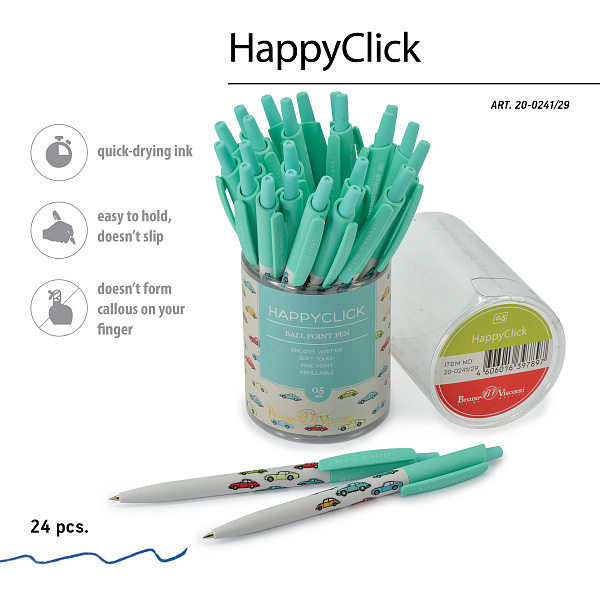 Ручка шариковая 0,5 мм "HappyClick. Разноцветные машины" СИНЯЯ 