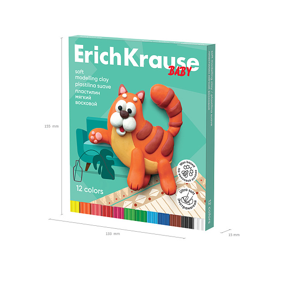 Пластилин 12 цв. мягкий восковой ErichKrause Baby со стеком, 156 г (в коробке)