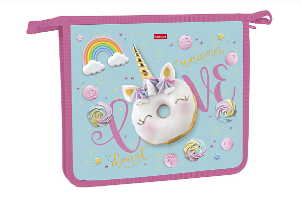 Папка для тетрадей А5 2 отд. Hatber на молнии "Sweet unicorn"  в индив.упак.