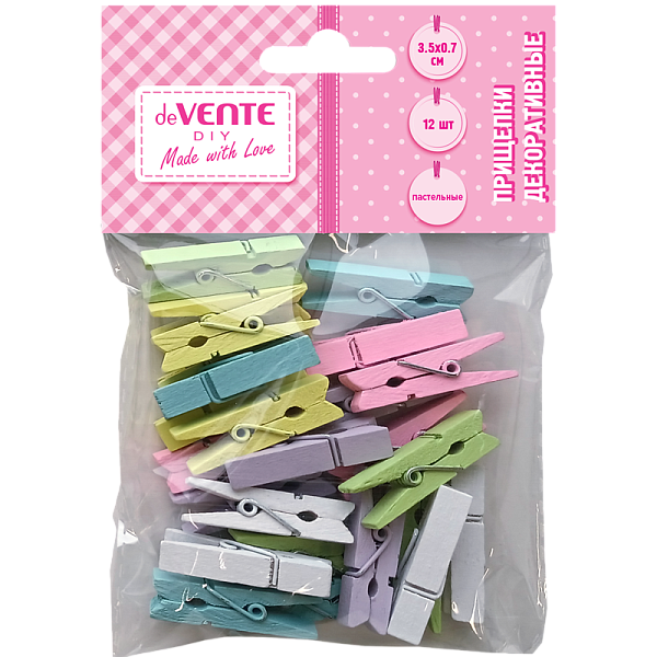 Прищепки декоративные "deVENTE. DIY Natural Wood" деревянные, 35x7 мм, 12 шт, пастельные цвета ассорти, в пластиковом пакете с блистерным подвесом
