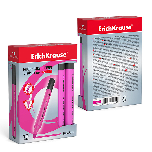Маркер-текстовыделитель ErichKrause Visioline V-17 Neon, розовый (в коробке по 12 шт.)