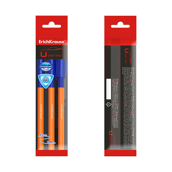 Набор из 3 ручек шариковых ErichKrause U-109 Stick&Grip Orange 0.7, Ultra Glide Technology, СИНЯЯ