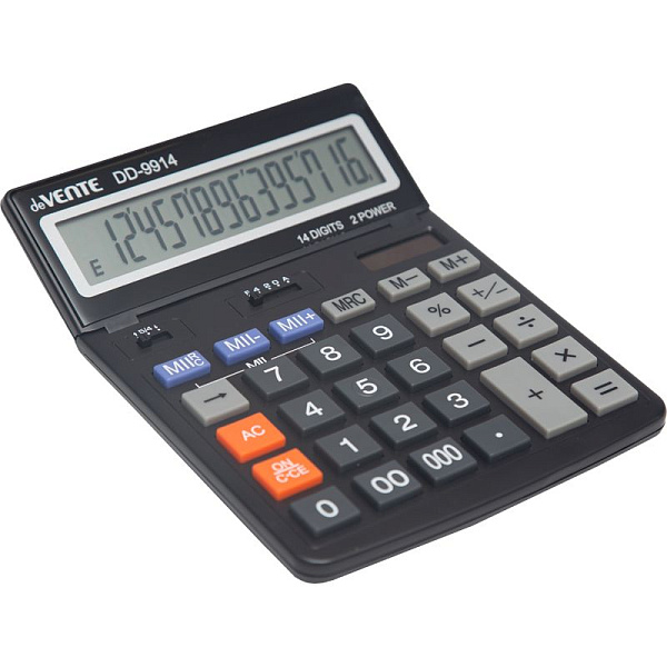 Калькулятор 14 разр., "deVENTE" DD-9914, 154x203x25, большой экран, подъемный дисплей, 2-е питание, 2 память, черный, автоматическое вычисление процентов, клавиша "00" и "000" коррекция последнего введенного значения, функция смены знака, прорезиненн