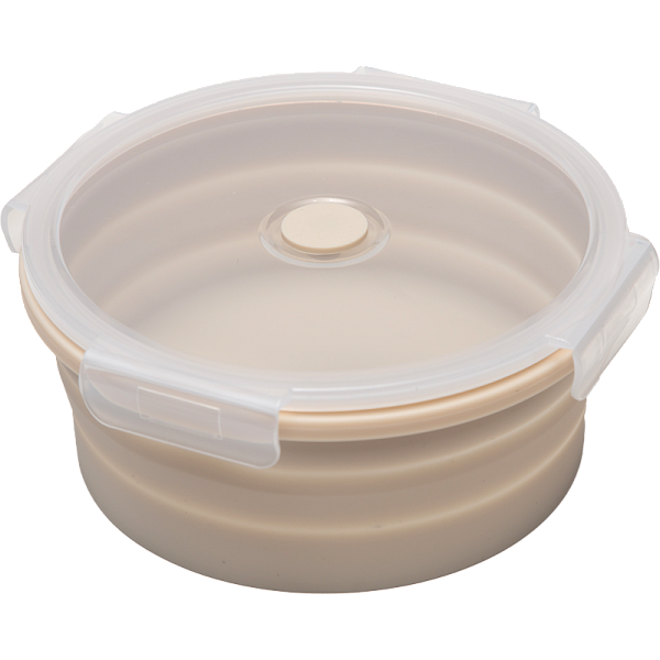 Ланчбокс складной герметичный "deVENTE" бежевый, круглый, 1200 мл, диаметр 18 см, высота 8 см, в сложенном виде высота 2,5 см, силиконовый, с пластиковой крышкой, с отвестием вентиляции и силиконовой заглушкой,