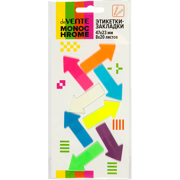 Закладки пластиковые "deVENTE. MonoChrome" полупрозрачные в форме стрелки 47x23 мм, 8x20 листов, 8 цветов, в картонном блистере и пластиковом пакете с европодвесом