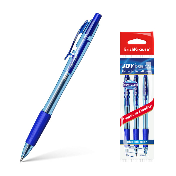 Ручка шариковая автомат. ErichKrause®  СИНЯЯ,(в пакете 3 шт)  JOY® Original, Ultra Glide Technology,