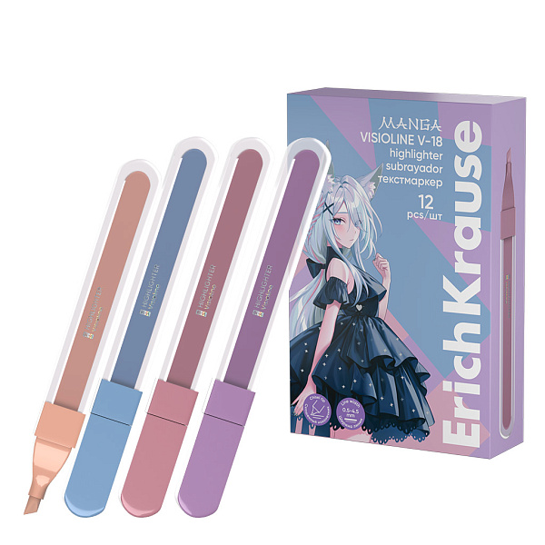 Маркер-текстовыделитель ErichKrause Visioline V-18 Manga, фиолетовый, розовый, бежевый, голубой (в коробке по 12 шт.)