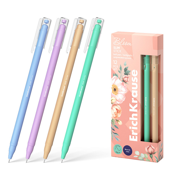 Ручка шариковая 0,7 мм ErichKrause СИНЯЯ,Slim Stick Pastel Bloom