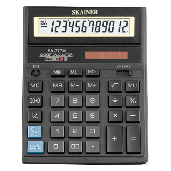 Калькулятор 12 разр., SKAINER 2-е питание 2 память, черный 157*200*32