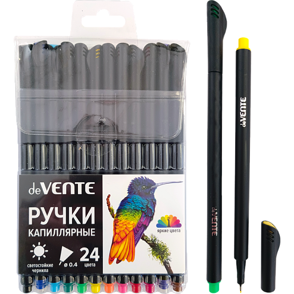Набор ручек капиллярных "deVENTE. Drops" 24 цвета, 0,4 мм, с круглым черным корпусом, в пластиковом 