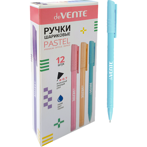 Ручка шариковая 0,7 мм "deVENTE. Triolino Pastel" СИНЯЯ, пастельный трехгранный корпус, рифлёная грип-зона, цвета корпуса - пастельное ассорти, сменный стержень, индивидуальная маркировка, в картонной коробке