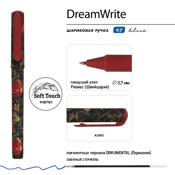 Ручка шариковая 0,7 мм "DreamWrite. Flora.Black night" СИНЯЯ, 3 ВИДА 