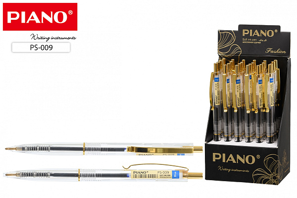 Ручка шариковая автомат 0,7 мм Piano СИНЯЯ, на масляной основе, синяя, прозрачный корпус, клип золотистого цвета
