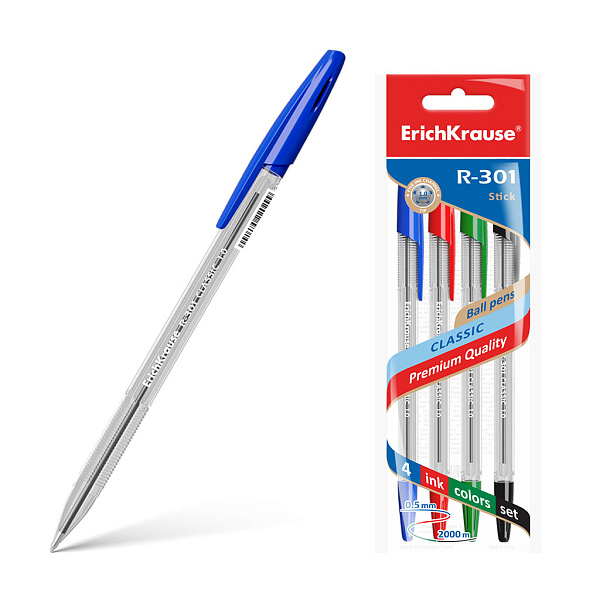 Ручка шариковая ErichKrause® R-301 Classic Stick 1.0, цвет чернил: синий, черный, красный, зеленый (пакет 4 шт.)