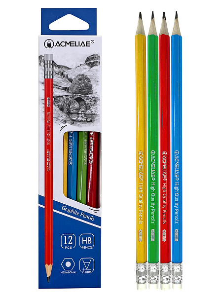 Карандаш ч/г HB ACMELIAE с ластиком шестигранный, 4 цвета корпуса
