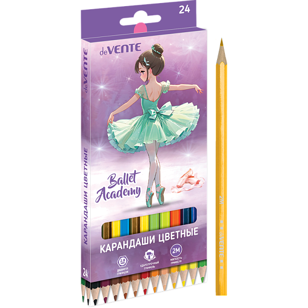 Карандаши 24 цв. "deVENTE. Ballet Academy" 2М, диаметр грифеля 2,8 мм, шестигранные, в картонной кор