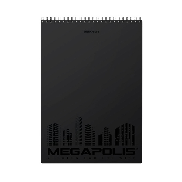 Блокнот А4 80 л. кл. с пластиковой обложкой на спирали ErichKrause® MEGAPOLIS®, черный перфорация, м