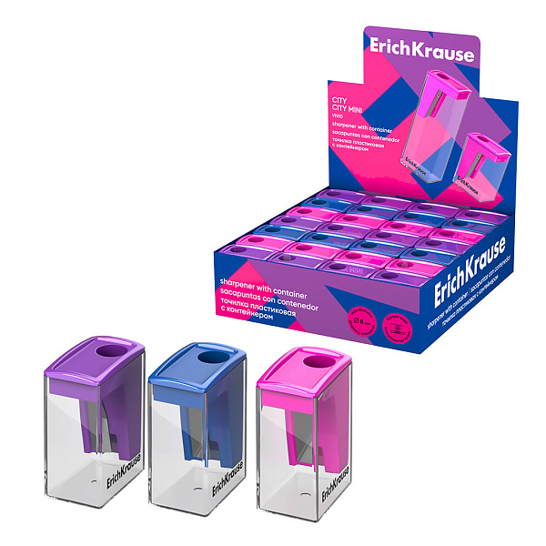Точилка пластиковая ErichKrause City Mini, Vivid, с контейнером, ассорти (в коробке-дисплее по 28 шт)