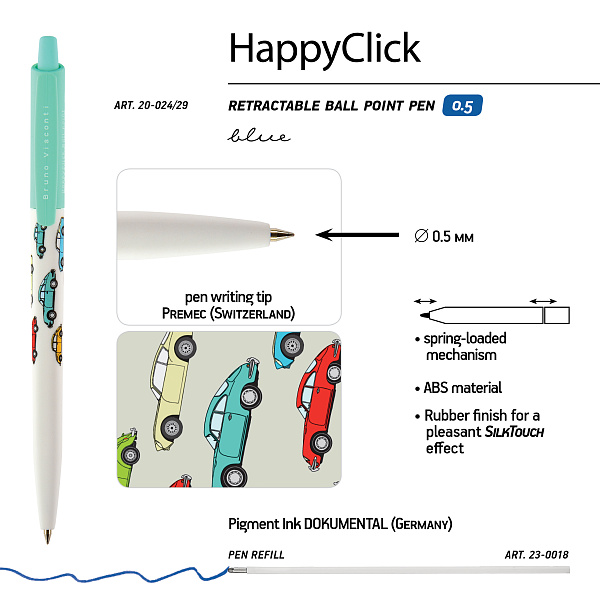 Ручка шариковая 0,5 мм "HappyClick. Разноцветные машины" СИНЯЯ 