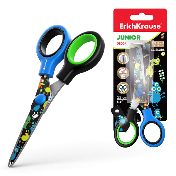Ножницы 130 мм ErichKrause® Junior Decor Funny Monsters с принтом на лезвиях, 