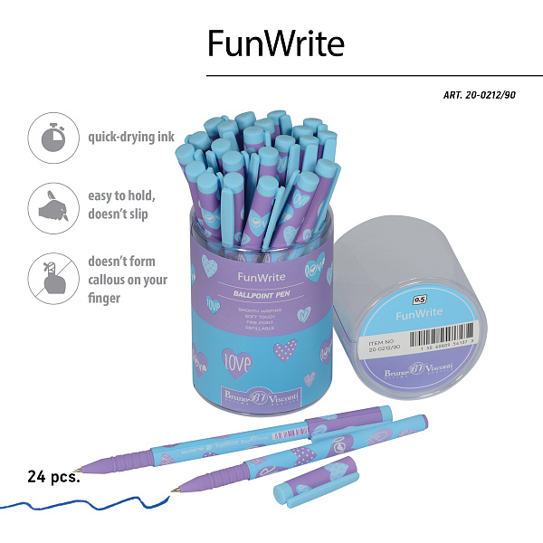 Ручка шариковая 0,5 мм "FunWrite. Сердечки. Эмоции. Голубое небо" СИНЯЯ